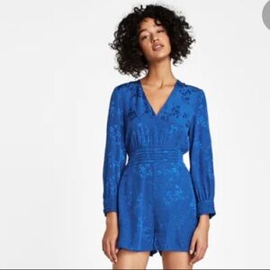 ZARA Size M blue satin deep neck long sleeve romper
